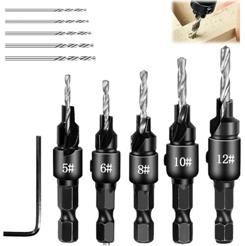 Wood Countersink Drill Bit Set, 5pcs Quick Change Adjustable Countersink Drill Bit Set, 5pcs Free Replaceable Drill Bits with One Hex Wrench, Depth Adjustable Drill Bits for #5 6 8 10 12