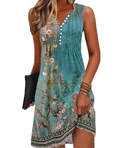 GRMLRPT Robe Été Femme de Plage Bohème Rétro Robes Col V Robes au Genou sans Manches Imprimé Floral Casual Tuniques Ample(Multicolore,S-XXL)