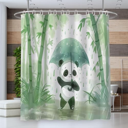 Cortina de Ducha,Cortinas de Baño Poliester Lavable,Cortina Ducha 180 * 200cm,Cortina Bañera Secado Rápido Ganchos,Dobladillo Ponderado,Patrón Panda De Dibujos Animados Paraguas De Bambú