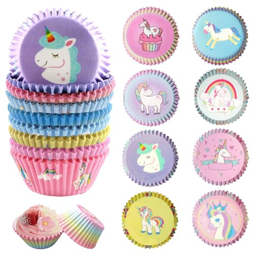 LUKIUP muffinsformar papper av metallfolie, cupcake-wrappare, muffinsformar, fettsäker, för barnfest, pojkar, flickor, födelsedag, dekoration, muffin, bakning, tårttoppningar (200 x färgglad enhörning