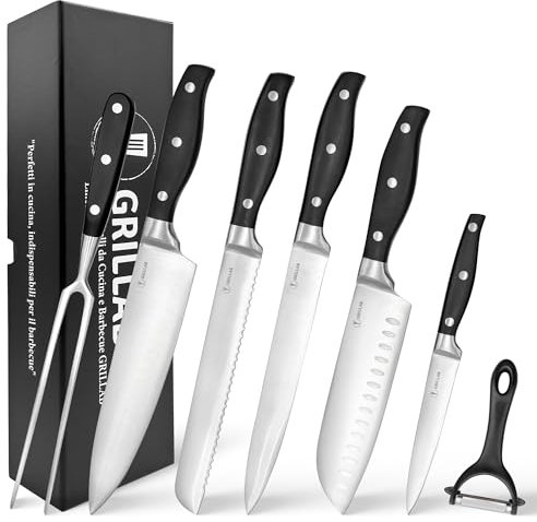 Set Coltelli da Cucina Professionali in Acciaio Inox Ultra Affilati, 7 Pezzi, Manico Ergonomico e Antiscivolo Nero, Pelapatate e Forchettone da Barbecue