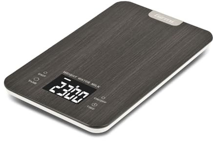 Girmi PS26 Bilancia da cucina, Effetto Legno, Piatto in Vetro, Display Digitale, 1gr/10 Kg, Autospegnimento e Funzione TARA, Funzione Timer e Orologio, Grigia