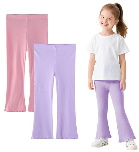 Baogaier Leggings évasés pour Filles Coton Taille Haute Elastique Pantalons à Jambes Larges, Lot de 2, Confortables Respirant Sport Danse Legging Enfants Vêtement 4-5 Ans, Rose Violet
