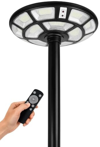 Generico Lampione Solare Esterno 2000 Watt, LED Stradale Giardino UFO con Telecomando, Sensore Movimento, Crepuscolare, IP66, Luce Fredda, Faretto Solare Alta Efficienza