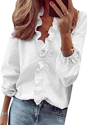 BOFETA Women's Long Sleeve Elegant Lotus Ruffled Work Shirt Chiffon Top White M