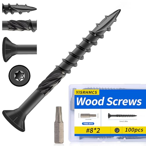 #8 x 2 Inch Wood Screws, 100 PCS, Black Epoxy Coated Carbon Steel Rust Resistant Deck Screws with T25 Torx Bit for Outdoor Decking Fencing Woodworking