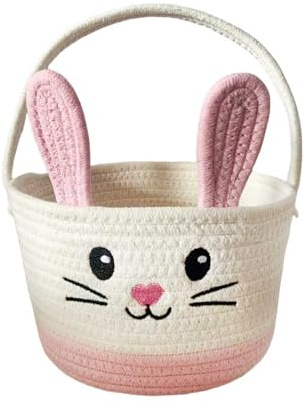 Easter Basket, Easter Bunny Basket, Easter Egg Hunt Baskets, Bunny Ears Storage Baskets Organizer for Easter, Woven Cotton Rope Storage Bin for Home Bedroom Bathroom Office Shelf Organization (Pink)