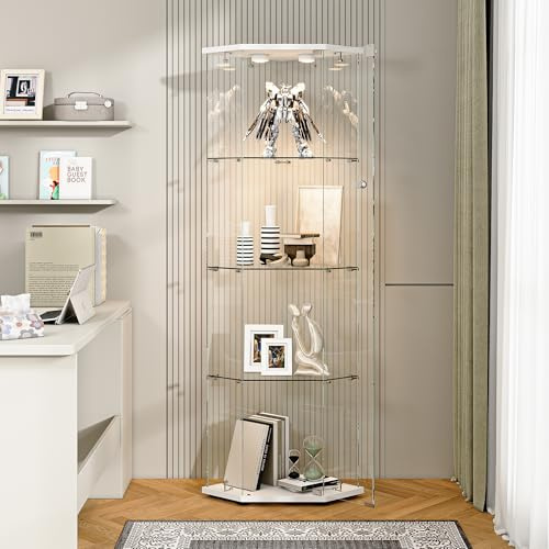 Vetrina angolare in vetro con LED, vetrina a 4 ripiani per collezione, vetrina su base in vetro con ante e serratura, armadietti ad angolo verticale vetrina di stoccaggio (bianco-7L, 60 x 44 x 163)