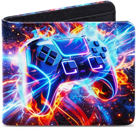 OlyPegic Boys Wallet, RFID Blocking Kids Wallet for Boys 5-14 Years, Leather Kids Wallets with Card Slots, Cash Compartments & Zipper Pocket, Compact Wallets for Teenagers (Gamepad Blue Lightning)