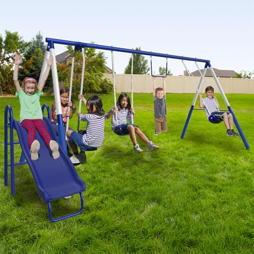 Sportspower Arcadia Metal Swing Set for Kids – Trapeze, 2-Person Glider, 5ft Slide, Anchor Kit, 6.1' Durable Steel Frame – Outdoor Backyard Playset with 600 lb Capacity