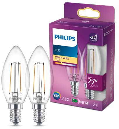 Philips LED Classic E14 Lampe, 25 W, Kerzenform, klar, warmweiß, Doppelpack