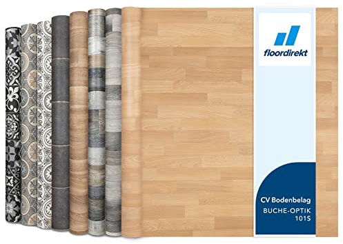 Floordirekt PVC Bodenbelag Meterware nach Maß Vinylboden, CV Linoleum für Küche & Balkon in Holzoptik, Fliesenoptik, Steinoptik - robust & pflegeleicht 100 x 200 cm | Atlantic | Buche-optik 101s