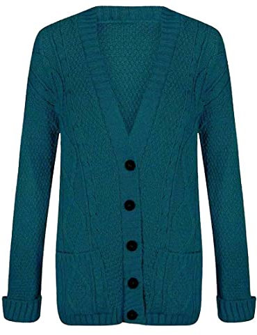 FASHION 7STAR Damen Strickjacke mit langen Ärmeln, Zopfstrick, Großvater, Knopf, Vordertasche, Größe 34-54 Gr. 50-52, blaugrün