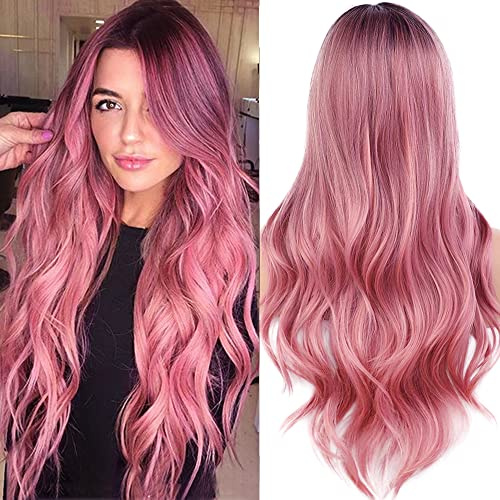 PORSMEER rosa ombre Långa vågiga peruker för kvinnor mittavskiljande lockigt naturligt hår peruk värmebeständig fibersyntetisk hårersättning peruker för cosplay daglig fest daglig användning 26 tum