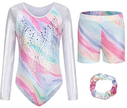 Happy Cherry Turnanzug Mädchen Langarm Kinder Gymnastikanzug mit Shorts Glänzend Gymnastik Kleidung Set Ballett Trikot Tanzkostüme 11-12 Jahre