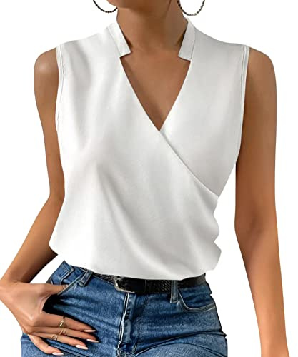 ORANDESIGNE Débardeur Femme Chic Et Élégant Top Chemisier Sexy Blouse Ample Haut Été sans Manches Tee Shirt Col V Fluide Mode Casual Chemise Classique Debardeur Travail Camisole A Blanc M
