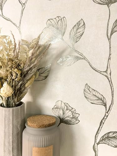 NEWROOM carta da parati Beige Flori Tessuto non Tessuto - Floreale Oro Crema Foglie Piante Romantico