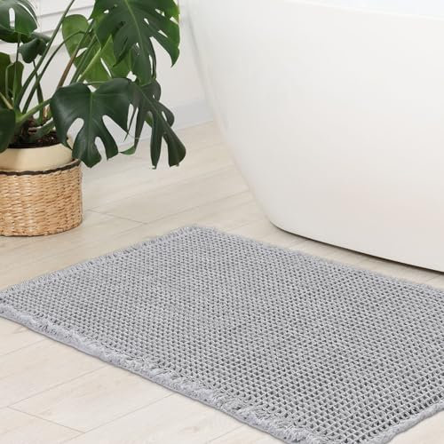 WONGS BEDDING Waffel Badematte,Super Saugfähige Badezimmerteppich,rutschfeste Badteppich für Badezimmerboden Badvorleger Waschbar mit Quasten Ultraweich,Grau 80x50cm
