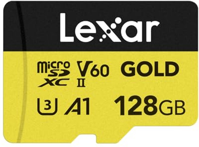 Lexar GOLD Carte Micro SD 128Go, carte mémoire flash microSDXC UHS-II, carte microSD V60, U3, A1, C10, lecture jusqu'à 280Mo/s, pour drone/caméra d'action/appareil de jeu UHS-II (LMSGOLD128G-BNNNG)