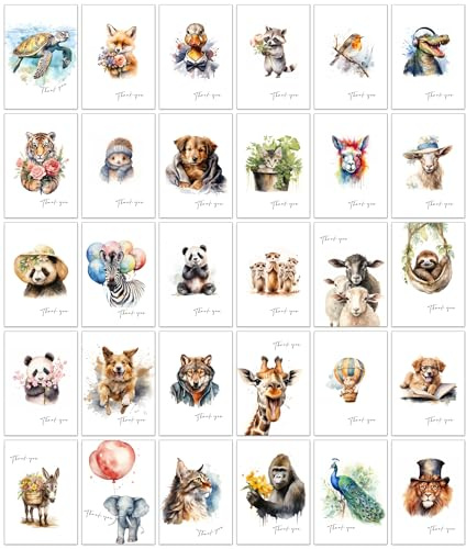 30 cartes de remerciement animaux - 30 différents dessins d'animaux à dire merci avec enveloppes