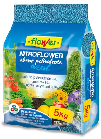 Flower - Nitroflower Abono Polivalente Granulado Azul 5Kg | NPK 10-10-20 con MG, S y Micronutrientes | Cobertura de 175 m² | Abono Universal Azul