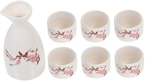 COLLBATH Set Da 1 Bottiglia e 6 Tazze Da Sakè Giapponese in Ceramica, Porta-sakè Multiuso Bordi Lisci, Adatto Per Casa, Bar e Ristorante, Stile Tradizionale Elegante