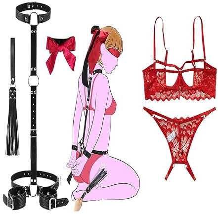 Erotiska underkläder och handbojor bondage set Erotiska underkläder och handbojor Blommig spets och tyll underkläder set Skir behå och trosor