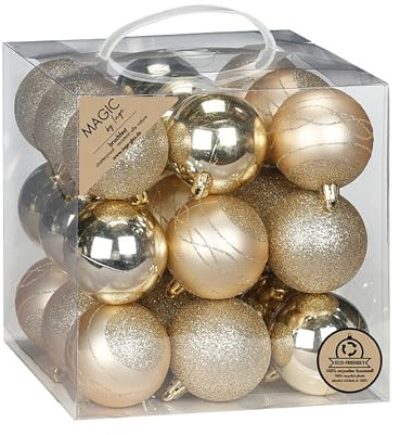 Inge-glas Weihnachtskugeln Kunststoff 6cm 27er Set - bruchsicher & mit Glitzer - Christbaumkugeln für Weihnachtsbaum - Weihnachtsbaumkugeln & Christbaumschmuck zu Weihnachten Champagner - Creamy Gold