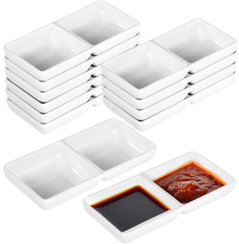 Tideme 12 PCS Dual Dipping Sauce Bowls, Soy Sauce Dish Bowl with 2 Compartments, Melamine Plastic Dip Sauce Dish Tray, Divided Fondue Plate for Parties Restaurants, Ketchup Wasabi Dipping Plate
