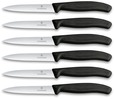Victorinox Set di Coltelli per Verdure Professionali Swiss Classic, 6 Pezzi, Coltelli Multiuso, Lame Affilate Ondulate, 10 cm, Robusti Manici in Plastica, Nero