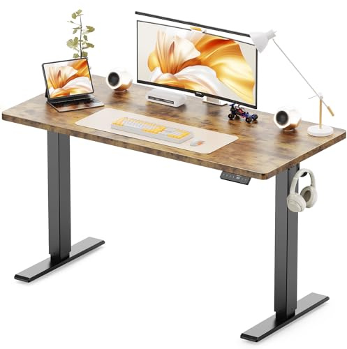 WALKINGDESK 48x24 Inches Height Adjustable Electric Standing Desk with 2 Hooks for Home Office, Ergonomic Sit Stand up Desk with Splice Board, Rustic Brown