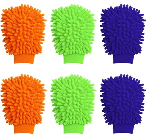 DAWRIS 6 Pcs Car Wash Mitt, Super Absorbent Wash Gloves for Car Cleaning, Scratch Guard Microfibre Cloth, Dusting Gloves, Drying Towel, Double Sided Microfiber Mitt Blue, Green, Orange
