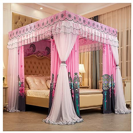 WOTZOV Mosquitera para Cama de 1,8 m/6 pies, Dosel de Lujo con Soporte de 4 Postes, Cortina Decorativa Opaca y Antipolvo para Dormitorio.,Style 8 1.8x2x2m