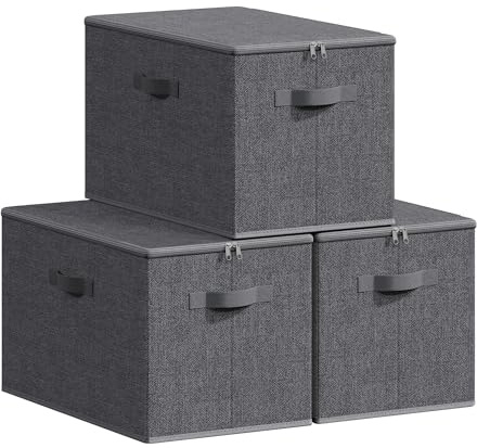SONGMICS Scatole Portaoggetti con Coperchio, Contenitori Pieghevoli con Maniglie, Organizzatori per Vestiti, Set di 3, 50 x 30 x 30 cm, Tessuto non Tessuto, Grigio Ardesia RZB050GN02