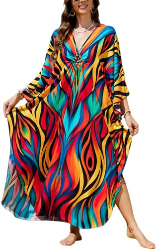 L-Peach - Caftano da donna con stampa bohémien, vestito da casa, camicia da notte, maxi, per la spiaggia, abito estivo, copricostume, Taglia unica