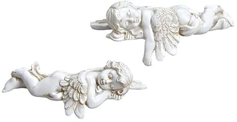 TEMPELWELT® Deko Engel Figur Liegend Schlafend im 2er Set je 13 cm, Polystein Antik Weiß Altweiß, Kantensitzer Engelfigur Schutzengel Engelkind Dekoengel Engelchen