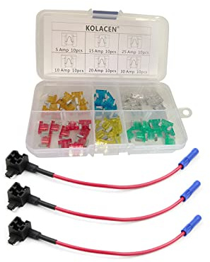 KOLACEN Automotive Car Truck Low-Profile Mini Blade Type Fuse Assorted Kit 60 Pieces + 3 Pieces 16 Gauge Add-a-Circuit Low Profile Mini Fuse TAP Adapter
