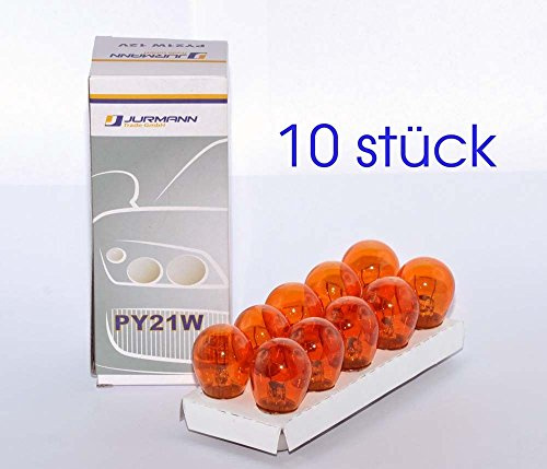 * WERKSTATTWARE * - 10 Stück - PY21W - BAU15S - 21W -Gelb - 12V (versetzte Pins) KFZ Beleuchtung - LONGLIFE - Glühlampe, Glassockellampe, Glühbirne, Soffitte, Autolampen vom Jurmann Trade GmbH®