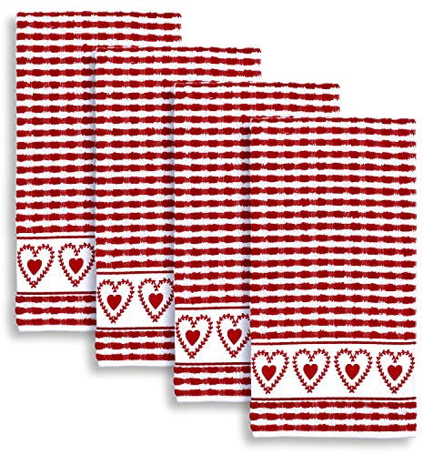 Cackleberry Home Laurel Hearts Terrycloth Kitchen Towels, Set of 4 (Red)