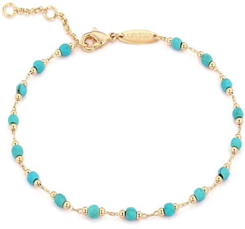 MEVECCO Gold Round Turquoise Beaded Bracelets,14K Gold Plated Handmade Cute Dainty Bracelet for Women