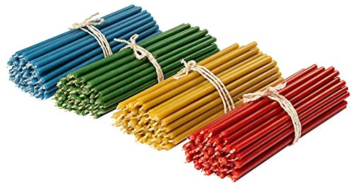Diveevo Kirchliche Bienenwachskerzen №140-200 Stk. 4 Farben I Gebet Rituale Tischdeko L-16 cm Ø-5,0 mm I 30 Min Brenndauer in Gelb Rot Grün Blau I Nachhaltig, tropf- und rauchfrei