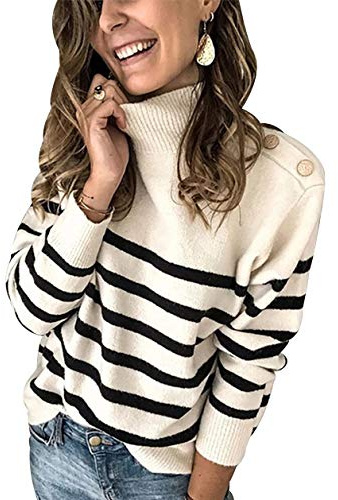 Pull Grosse Maille Rayure Col Montant Femme Oversize Gros Pull Tricot Rayé Femme Pullover Raye Pulls Femmes Chandail Femme Sweater Ample Pull Over Tricoté Grande Taille Tunique Femme Epais Abricot L