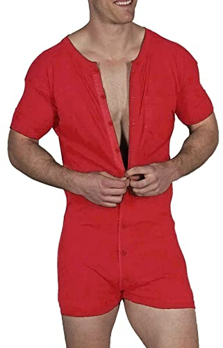 GYMAPE Hombres Manga Corta Mono Henley Mono Pijama Súper Cómodo Elástico Algodón Una Pieza Prenda Rojo XL
