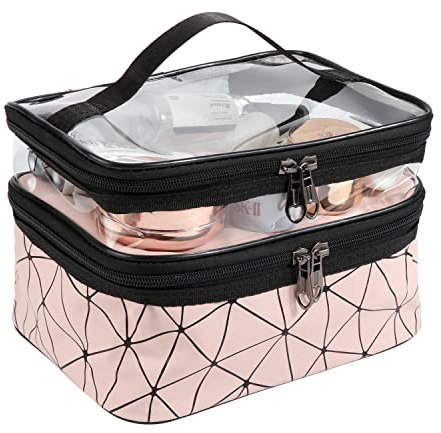 Trousse à Maquillage Femme Sac de Toilette Voyage Imperméable Portable Double Couche Trousse de Toilette avec Brosse Compartiment pour Stocker des Cosmétiques (Rose)