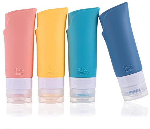 4 Stück Reiseflaschen Set,90ml Silikon auslaufsicher flüssigkeitsquetschbar nachfüllbar tragbar Reisegröße,BPA-frei,Reisezubehör Kosmetikbehälter für Toilettenartikel Shampoo,Conditioner,Lotion