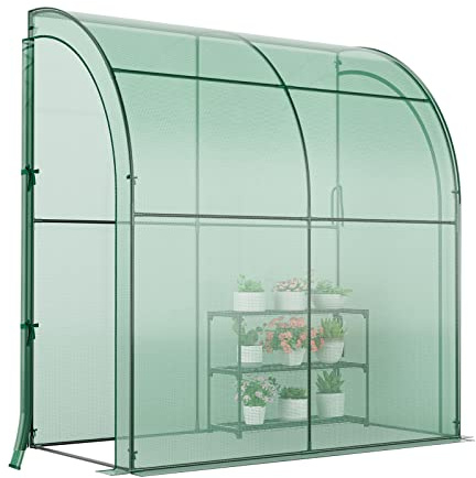 Graffy 7'x3.5’x7' Lean to Greenhouse, Walk in Green House with Shelves & 2 Zipper Doors, Windproof PE Cover, Portable Steel Frame Greenhouses for Outdoors Heavy Duty, Plant Hot House