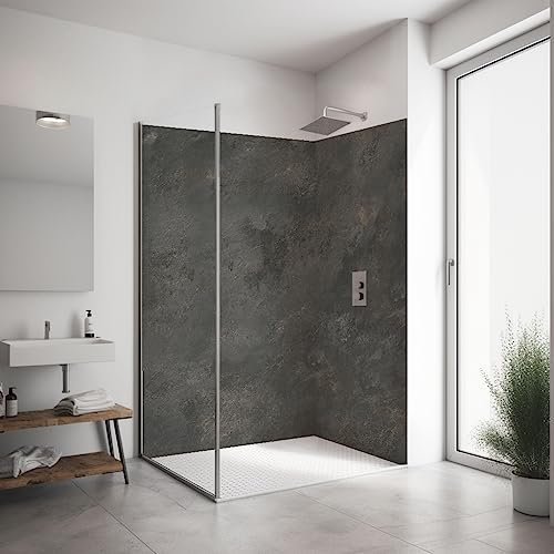 ORIGINAL PlateART Eck-Duschrückwand, 2 Platten à 90x200 cm, Wandverkleidung, Wandbild, Rückwand Alu-Dibond OHNE FUGEN, Fliesenersatz, Schiefer strukturiert - Made in Germany