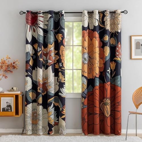 Tyrot Black Boho Floral 100% Blackout Curtains for Bedroom 96 inch Long 2 Panels Mid Century Botanical Black Out Curtains for Living Room Grommet Thermal Insulated Room Darkening Window Drapes,52Wx96L