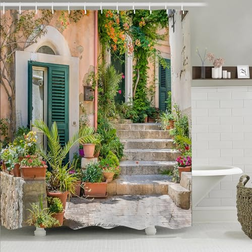 Simpomsy Street Scenery Shower Curtain with Old Stone House and Flower Picture Lightweight Quick-dry Cloth Bathroom Curtain with Hooks Tall Floral Shower Curtain for Bathroom 180x180cm