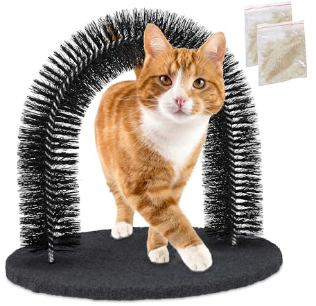 Relaxdays Arche pour Chat, Ronde, avec Herbe aux Chats, HxLxP: 34 x 36 x 28,5 cm, Station de Massage, grattoir, Noir